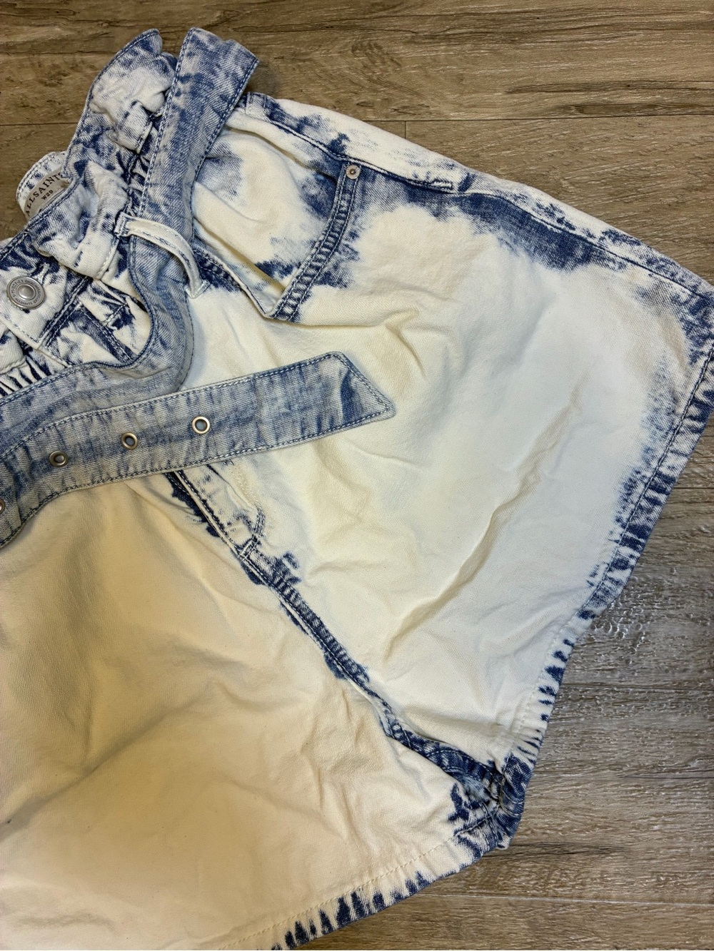 All Saints Filly Paperbag Denim Shorts High Waisted Belted Bleached - Picture 12 of 12